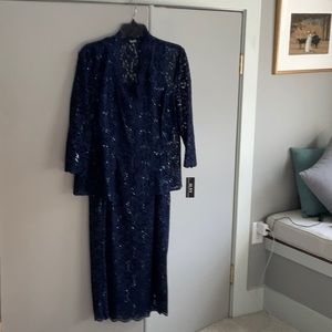 Elegant navy lace and sequin evening dress with jacket. Size 16. New with tags.